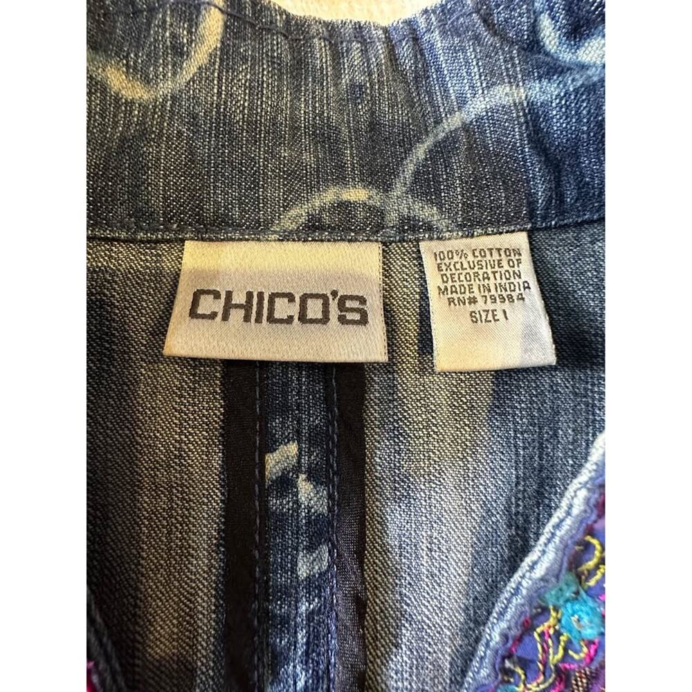 Vintage Chicos Denim Jacket Floral Boho Art Unique Southwestern Size 1‎ Boho y2k - Picture 4 of 8